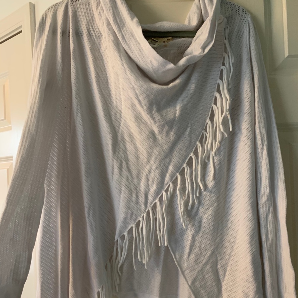 NWT Love stitch White Crossover Fringe Sweater